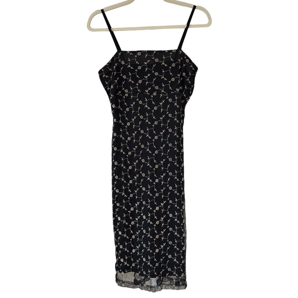 90s Y2K Embroidered Mesh Floral Black Slip Tank Dress M Whimsigoth Dark Coquette